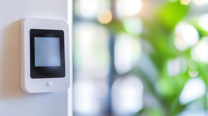 private security life family concept. Modern thermostat mounted on a wall with a blurred green plant backdrop, highlighting smart home technology.