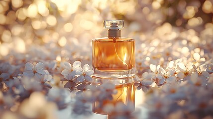 Perfume bottle on flowers, spring, golden light, still life, promotional
