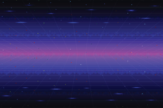 Arcade Retro game. Pixel art background.8 bit game. retro game. Synthwave wireframe landscape.for game assets. Retro Futurism Sci-Fi Background. glowing neon grid.and stars from vintage arcade comp