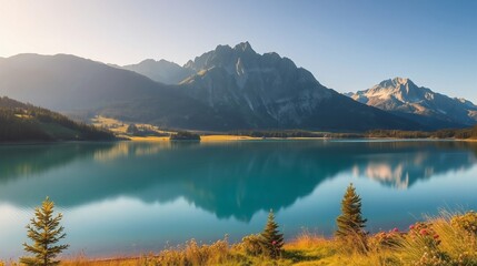 Naklejka premium Serene Mountain Lake Landscape at Dawn with Reflections