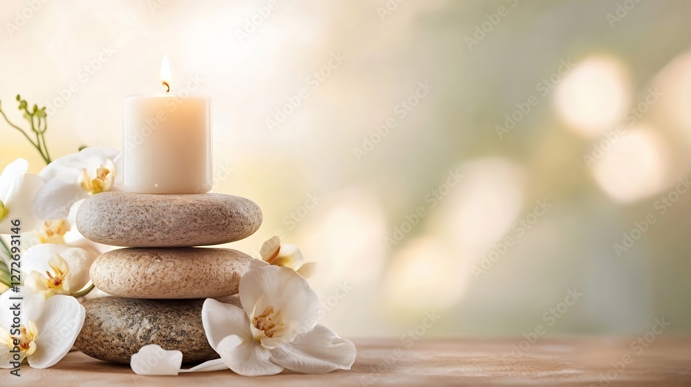 Aufkleber Tranquil composition of stacked stones with a lit candle and delicate flowers for relaxation : Generative AI