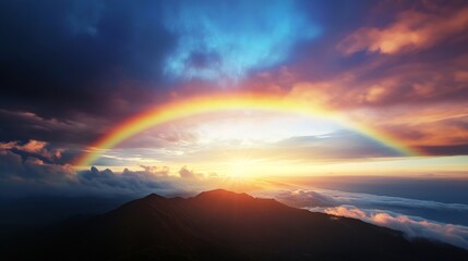 Vivid Rainbow Arching Across a Scenic Sunset Skyline Above Majestic Mountains : Generative AI