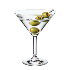 A transparent martini glass with green olives, transparent background, PNG