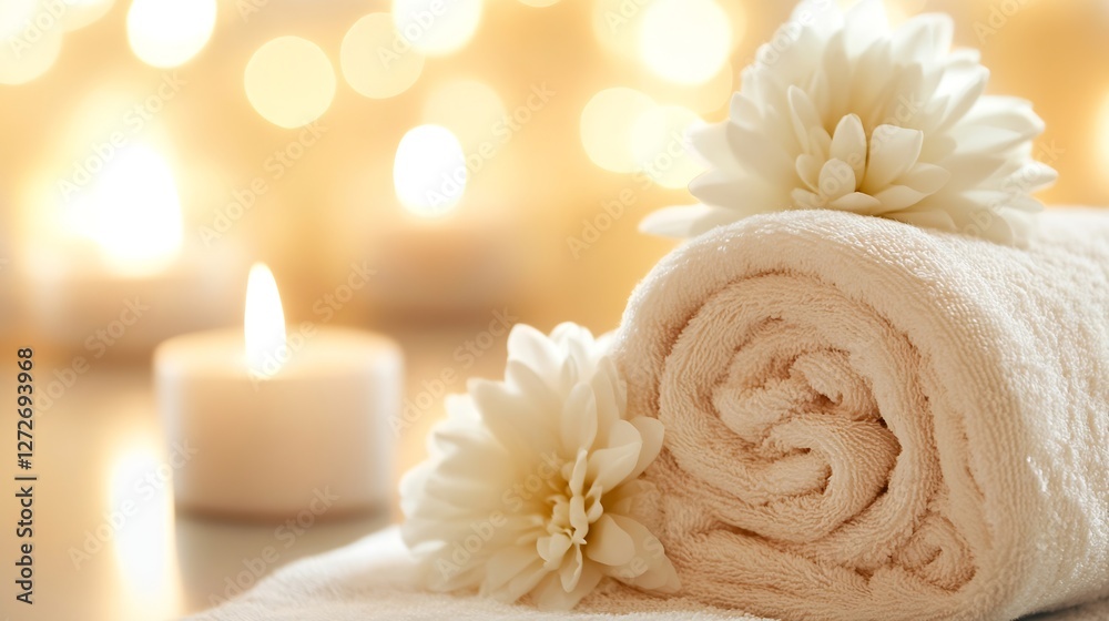 Aufkleber relaxing spa setup with soft towels and fresh white flowers in peaceful atmosphere : generative ai