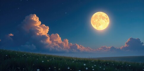 Fototapeta premium Softly lit clouds glow with an otherworldly light, their shadows stretching out across the moonlit meadow, lunar, shadow, ethereal