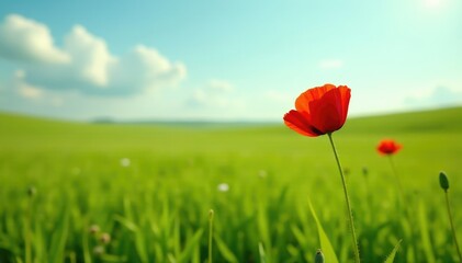 Solo red poppy sways gently in the breeze, isolated in a vast green field, serene, grass, field