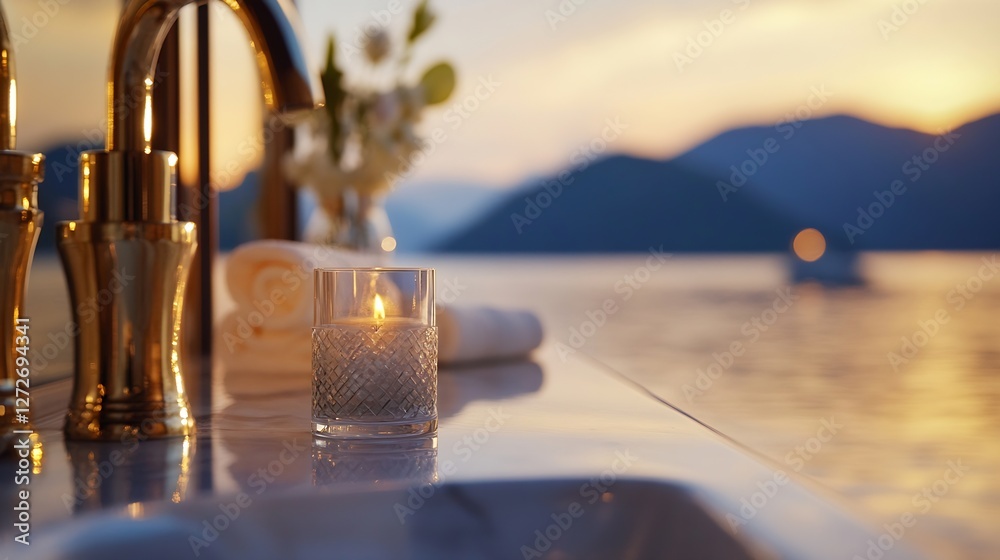 Poster relaxing spa setting with candle and towels near water during sunrise at a luxury resort : generativ