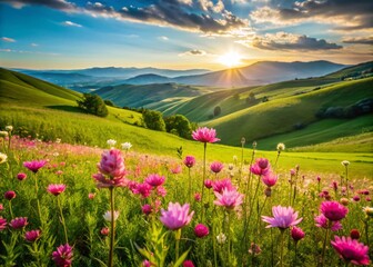 Obraz premium Vibrant Pink Wildflowers Blooming in a Lush Green Meadow Landscape