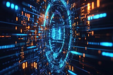 Fototapeta premium Digital Data Streams Visualized: Abstract Futuristic Technology Rotating in a Cyber World of Binary Code and Algorithms