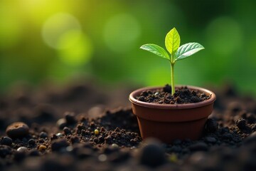 Naklejka premium Seedling in a small pot with a droplet of water on the soil surface, garden, growing, plants