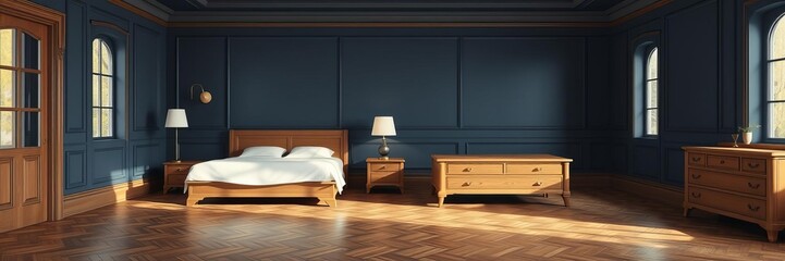 Vintage modern bedroom interior with wooden bed, wall lamp, parquet flooring, and dark blue wall, interior, bedroom, parquet flooring