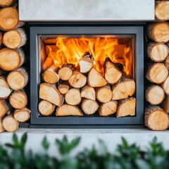 Cozy fireplace with burning logs surrounded by neatly stacked firewood