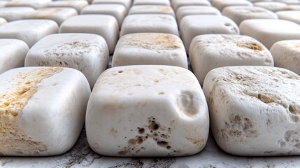 Fototapeta premium Smooth white stones arranged neatly create a calming neutral texture. AI Generated