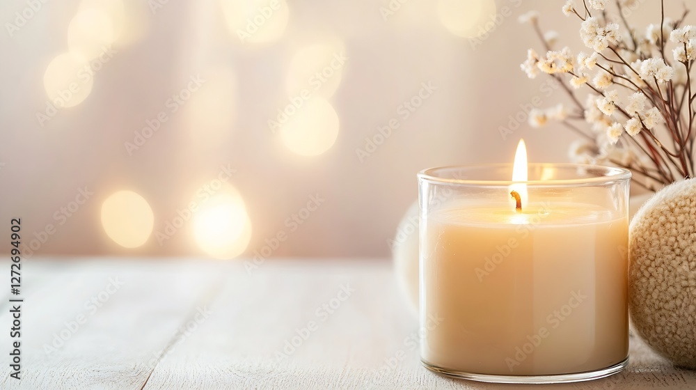Poster Softly Lit Candle on a Rustic Table Surrounded by Delicate Decor Items : Generative AI