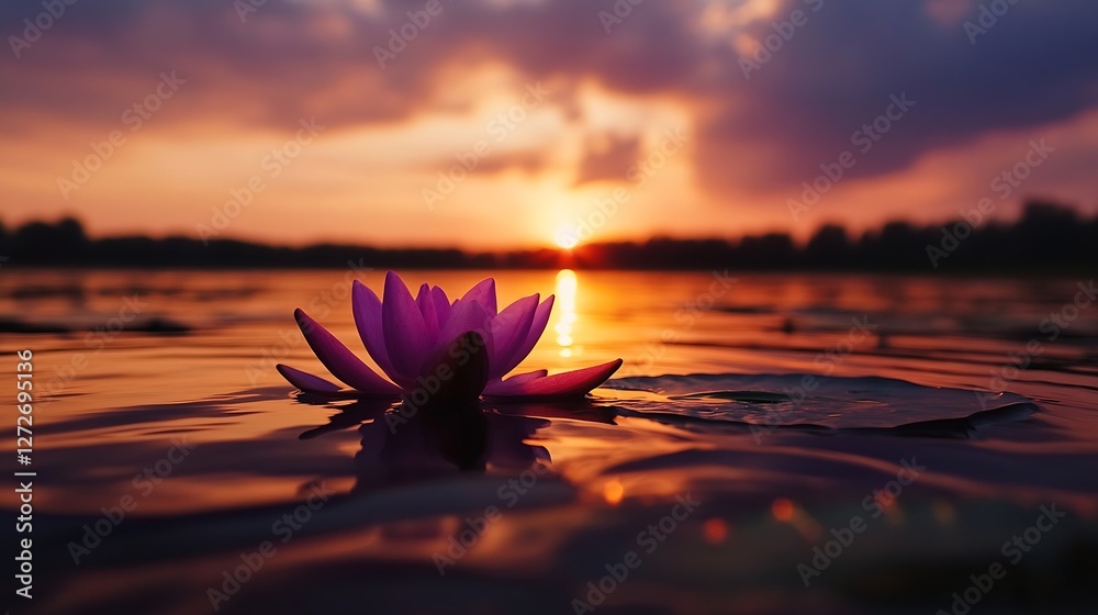 Poster Beautiful Pink Water Lily Flower Floating on Calm Surface at Sunset with Reflections : Generative AI