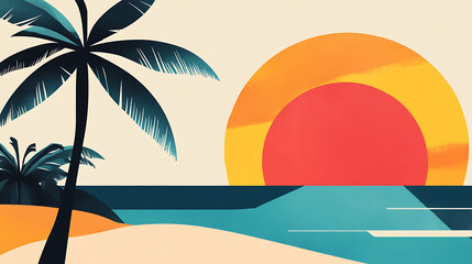 Abstract Tropical Beach Sunset with Palm Trees in Silhouette Overlooking Ocean