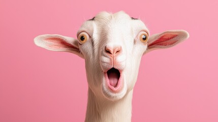 Surprised goat against a pink background