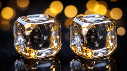 Two glistening ice cubes reflect warm light. AI Generated