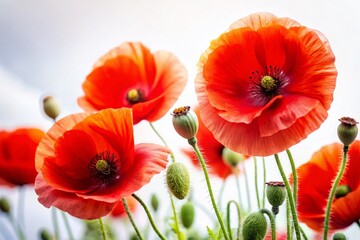 Obraz premium Vibrant Red Poppies Macro Photography: Stunning Floral Close-up on White