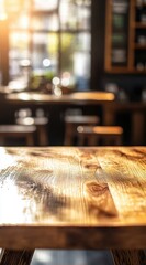 Empty wooden table in a sunny cafe interior