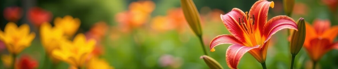 Red lily flowers bloom amidst a tapestry of colorful summer blooms, yellow, red lily, garden