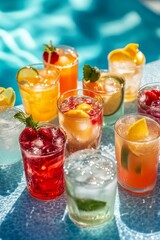 A vibrant assortment of colorful cocktails garnished with fruits, set against a shimmering pool background, perfect for summer refreshment.