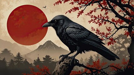 Fototapeta premium A striking raven stands on a sturdy branch its black feathers contrasting against vibrant autumn leaves and a bold red sun illuminating a distant mountain