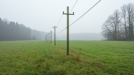 Fototapeta premium Wooden utility poles with power lines stretch across a green grassy field into the thick morning fog near a forest.