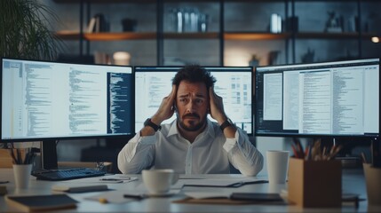 A frustrated developer overwhelmed by coding challenges in a sleek office. Featuring monitors with multiple error logs