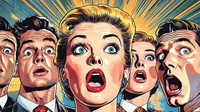 pop art retro style of Shocked expressions of a retro group portrait.