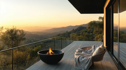 A balcony perched high above scenic hills, featuring a small fire bowl and a comfy blanket on the bench for chilly evenings