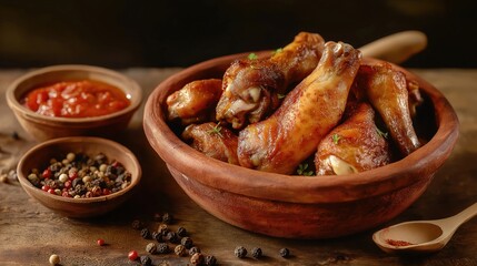 bowl of roasted chicken wings on a wooden table. The wings are golden brown and appear to be seasoned with herbs and spices.