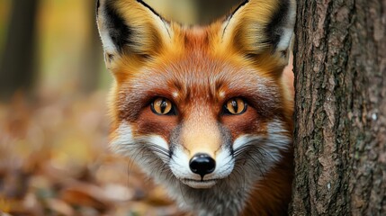 Fototapeta premium pop art retro style of Fox peering from behind a tree in autumn foliage