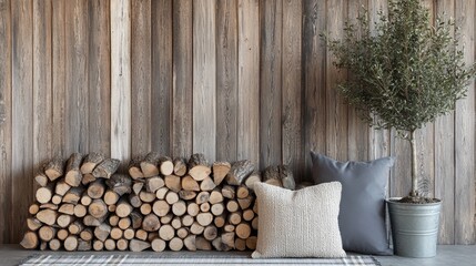 A beautifully stacked pile of firewood in front of a weathered wooden wall, evoking feelings of warmth, coziness, and craftsmanship.