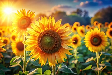 Obraz premium Vibrant Sunflowers Blooming in a Sunny Field - Spring Summer Flowers Close Up Bokeh