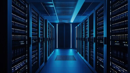Fototapeta premium A futuristic datacenter with glowing server racks and a dark high-tech atmosphere, symbolizing security and advanced computing. Ideal for cloud computing, cybersecurity, and IT infrastructure