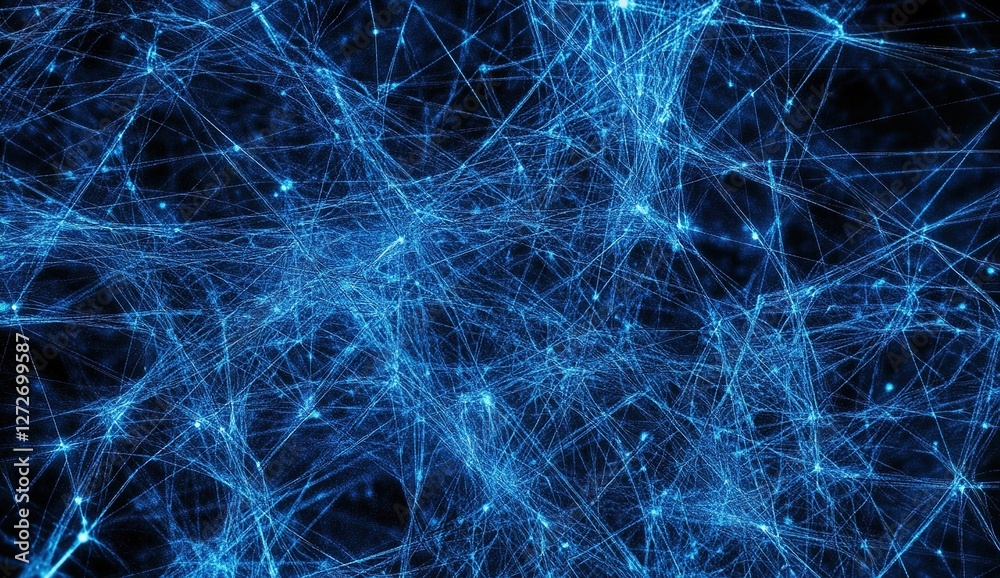 Poster exploring intricate network structures: visualizing complex systems' connectivity with glowing blue 