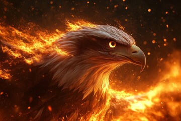 Eagle in flames , dark background, sparks, fantasy art