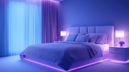 Modern bedroom, purple lighting, night scene, relaxation