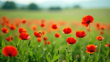 Row of red poppy flowers in a lush green meadow, blooms, meadow