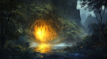 A captivating cave illuminated by a gentle golden glow from a hidden source, surrounded by mist and enigmatic natural beauty.