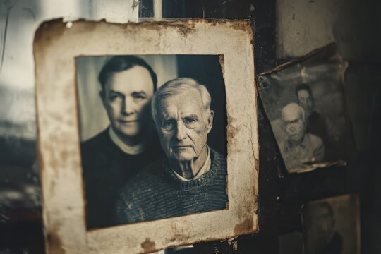 Dementia risk represented by an old, faded family portrait on the wall. Featuring soft light and nostalgic tones