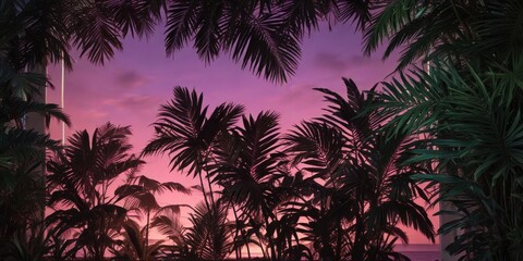 Serene Sunset View Through Lush Tropical Foliage A Vibrant Pink and Purple Sky Backdrop