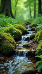 Serene forest stream with moss-covered stones flowing gently through a carpet of dry grass and ferns, moss covered stones, peaceful scene