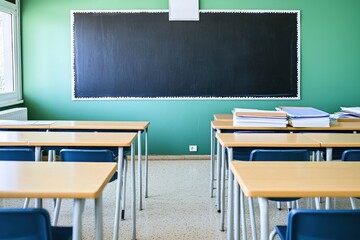 Bright classroom with clean chalkboard and study materials