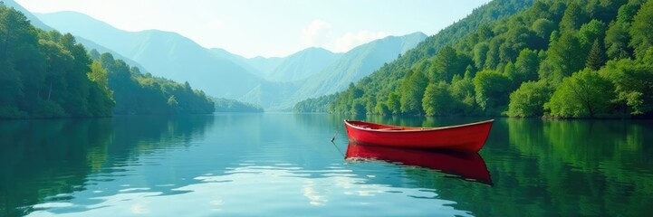 Serene lake scene with a bright red boat on calm water, lake, forest, green