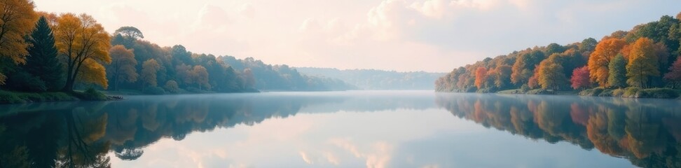 Serene lake scene with reflected trees and calm water, gentle hues, landscape