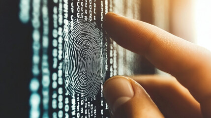 Fingerprint scanning on digital screen with binary code background