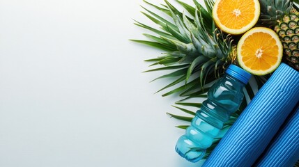 Refreshing summer setup with fruits, water bottle, and exercise mats.