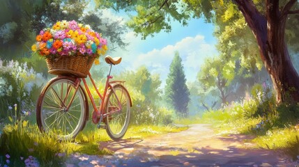 Fototapeta premium A cheerful bicycle with a rustic basket brimming with colorful flowers, leaning against a tree in a sunny park